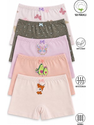 Özkan Underwear Özkan 41602 5'Li Paket Kız Çocuk Karışık Renkli Desenli Pamuklu Yumuşak Rahat Şort Boxer