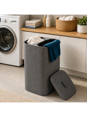 Die Grup Orret Home 90 Litre Iki Bölmeli Kirli Çamaşır Sepeti Çıkarılabilir Astarlı Kapaklı Katlanabilir Çamaşır Sepeti Laundry Basket Büyük Boy Çamaşırlık Organizer Gri
