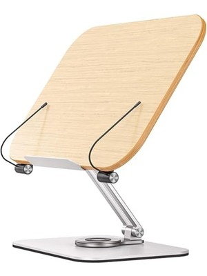 Die Grup Profesyonel Kitap Okuma Tutucu Ders Çalışma Sunum Standı Kaliteli Karbon Çelik ve Ahşap Malzeme 360 Derece Döner Yüksekliği ve Açısı Ayarlanabilir Tablet Tutucu Kullanım TM13 Açık Kahve