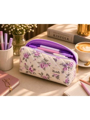 Nartella Roses Serisi Lila Gül Desenli Kapitone Makyaj Çantası – Büyük Boy Organizer (20×10×10 Cm)