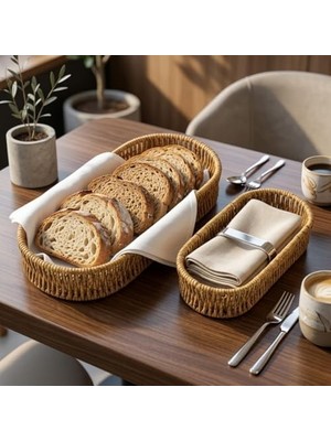 Vuralsin38 Oval Hasır Örgü Dekoratif Sepet Tepsisi, Doğal Renk, 2'li Set, Büyük 28X10X5 Cm, Küçük 24X9X5 cm