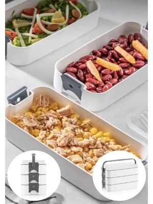 Vuralsin38 1260 ml 3 Katlı 6 Bölmeli Bpa'sız Pp Plastik Sefer Taşıma ve Beslenme Çantası, Kilitli Bento Lunch Box, Mikrodalgaya Uygun, Çatal ve Kaşık Dahil (Krem)