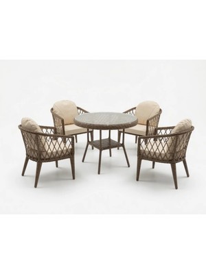 Monalin Home Garden Bodrum Kahverengi 4 Kişilik(1-1-1-1-Masa) Rattan Örgü Bahçe & Balkon & Teras Masa Sandalye Takımı