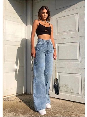 ArVib Bluevibe Denim Kadın Yüksek Bel Kar Yıkama Mavi Jeans Salaş Mavi Pantolon Palazzo Julia
