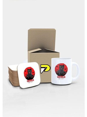 Catzilla Komik Kedi Tasarımlı Baskılı Kupa Bardak Seti, Eğlenceli Özel Hediye Mug