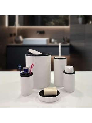 Vuralsin38 Beyaz Plastik Banyo Seti, 5 Parça, Çöp Kovası, Tuvalet Fırçası, Diş Fırçalığı, Sabunluk ve Sıvı Sabunluk