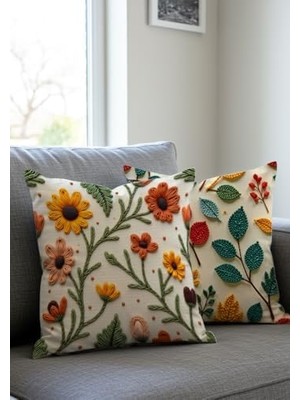 Vuralsin38 Nakış Desen Dijital Baskılı Çiçek Desenli Kadife Kırlent Kılıfı, 2li Set 43X43 Cm, Gizli Fermuarlı, Sonbahar Renkleri