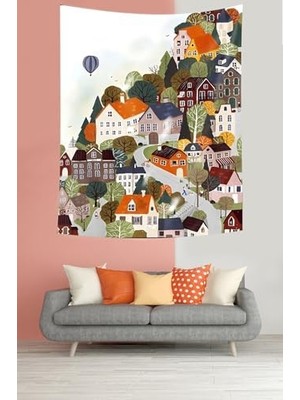 Vuralsin38 Pelangi Sıralı Evler Temalı Sakin Şehir Leke Tutmaz Kumaş Duvar Örtüsü Duvar Halısı Tapestry PNTR024, 35 x 50