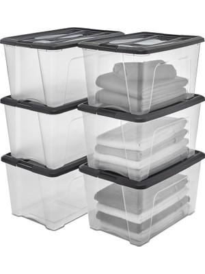 Vuralsin38 Ohyama, Saklama Kutuları, Saklama Kutusu Çok Fonksiyonlu, 6'lı Set Plastik Kutu 45 L, Kapak, Ergonomik Sap, Çatı Katı, Oda, Oturma Odası - New Top Box Ntb-45 - Siyah
