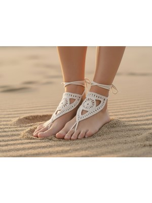 Irısıma Boho Stil Barefoot Sandal – El Yapımı Ekru Ayak Aksesuarı (Çift)