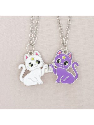 Zuum 2 Li Beyaz , Mor Kedi Detaylı Mıknatıslı Zincir Kolye , Arkadaşlık Kolyesi , Best Friends