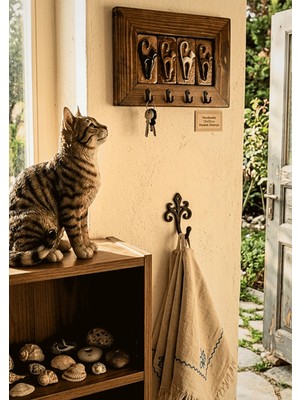 Toprakana Art Rustik Bohem Kedi Temalı Duvar Anahtar Askılığı | El Yapımı Seramik & Ahşap Tasarım 15x22 cm