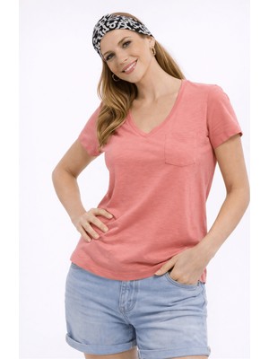 Fashion Friends 26Y0147K1 Kadın V Yaka Cepli T-Shirt
