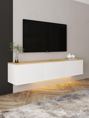 Vuralsin38 Neon LED Işıklı Duvara Monte, 3 Kapaklı Tv Sehpası – 160 cm - Modern Tasarım, Beyaz/safir Meşe