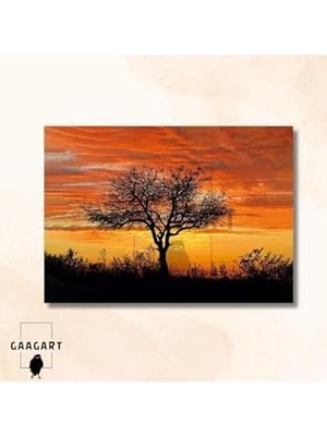 Tekli Yatay Kanvas Duvar Tablosu Turuncu Gökyüzü ve Ağaç, 120 x 80