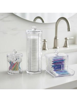Kristal Görünümlü 3'lü Makyaj Organizeri ve Pamukluk Seti – Şeffaf Akrilik Banyo Düzenleyici, Kapaklı Kulak Çubuğu ve Makyaj Pamuğu Saklama Kutusu – Şık Kozmetik Standı