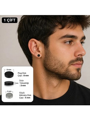 Heppii Plug Disk Küpe Mıknatıslı 316L Çelik Küpe Delik Gerektirmez 1 Çift Yuvarlak Disk Küpe Siyah 8mm - Gümüş 6mm