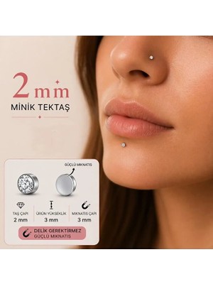 Heppii Minik Tektaş Hızma Mıknatıslı 316L Çelik 2mm Tektaş Burun Dudak Hızma Delik Gerektirmez 1 Çift Hızma Unisex