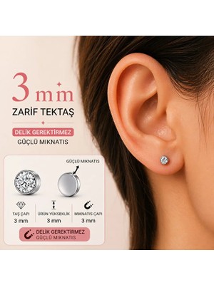 Heppii Zarif Tektaş Mıknatıslı 316L Çelik 3mm Tektaş Küpe Delik Gerektirmez 1 Çift Küpe Güçlü Mıknatıs Unisex Tektaş Küpe