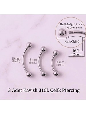 Heppii 3 Adet Cerrahi Çelik Küçük Toplu Piercing Kaş Burun Kulak Dudak Göbek Tragus Helix 3'lü Piercing Set