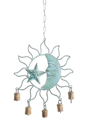 Deco 79 Metal Güneş ve Ay Çanı Çanlı, 33 cm x 28 cm x 2,5 Cm, Turkuaz