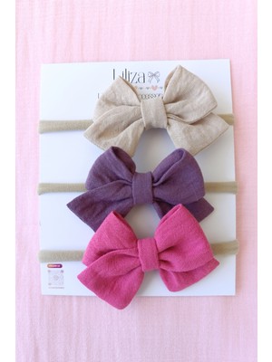 Liliza Accessories 3 Lü Keten Fiyonk Yenidoğan Bebek Bandı - Pembe, Mürdüm, Krem