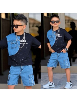 Bambam Erkek Çocuk Kot Detaylı Tshirt-Kot Şort Takım