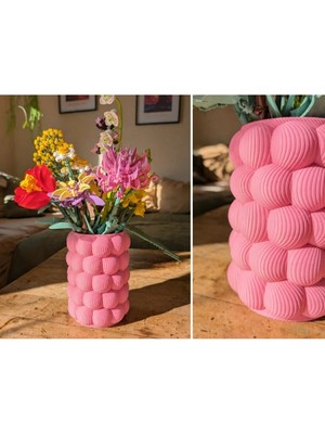 Dekor66 Pofuduk Balon Tasarım Dekoratif Vazo - Pembe ve Bej Modern Salon Objesi & Yapay Çiçek Saksısı
