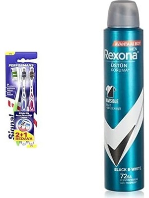 Al-Kar Ticaret Signal Performans Etkin Diş Temizliği 2+1 Orta Diş Fırçası ve Rexona Men Erkek Sprey Deodorant Invisible & 72 Saat Kesintisiz Üstün Koruma 200 ml