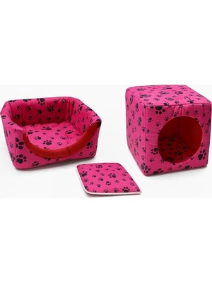 Al-Kar Ticaret Kedi Yatağı ve Kedi Evi, Pati Desenli, Dönüşebilen Kapalı Tasarım, 40 Cm, Sünger Dolgulu (Pembe)