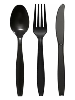 Mabelme Plastik Lüks Çatal-Kaşık- Bıçak 3 Lü Siyah Siyah Set 100 Lü