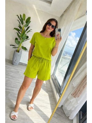 Lune Store Kadın Kısa Kollu Yakası Açık Modal Bluz ve Bağcıklı Kısa Şort Ikili Takım