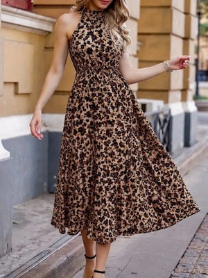 Lune Store Kadın Omuzlardan Açık Daire Yaka Desenli Maxi Süprem Elbise