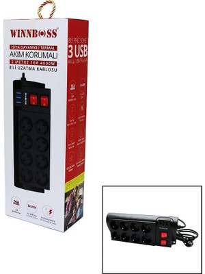 Al-Kar Ticaret Chermik -3411 8'li Termal Akım Korumalı Usb'li Uzatma Kablosu, 2 Metre, CHRMK6146, Siyah, Erkek