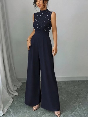 Defy Moda Kadın Balıkçı Yaka Kolsuz Incili Beli Kuşaklı Uzun Janjan Tulum