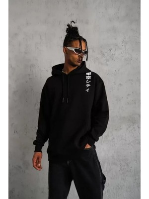 Lune Store Unisex Kapşonlu Uzun Kol Baskılı Sweetshirt - Siyah