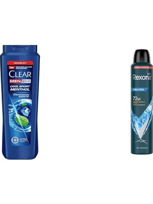 Al-Kar Ticaret Clear Men Erkek Şampuan Sport Menthol Kepeğe Karşı Etkili 600 ml + Rexona Men Erkek Sprey Deodorant Xtra 72 Saat Kesintisiz Üstün Koruma 200 ml
