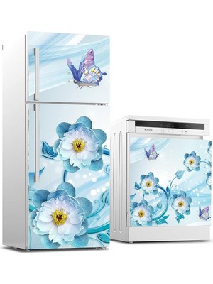 Mabelme Buzdolabı ve Bulaşık Makinası Beyaz Eşya Kaplama 3D Mavi Çiçek Kelebek