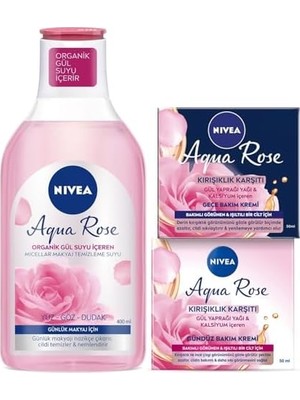 Al-Kar Ticaret Aqua Rose Günlük Micellar Makyaj Temizleme Suyu 400ML, Kırışıklık Karşıtı Gündüz ve Gece Bakım Kremi 50ML, Organik Gül Suyu, Kalsiyum, Ince Çizgi Görünümü