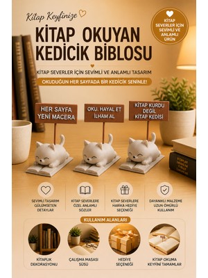 Lumis Home Kitap Okuyan Kedicik Biblo – Sevimli Dekoratif Masa Üstü Süs | Kitap Severlere Hediye