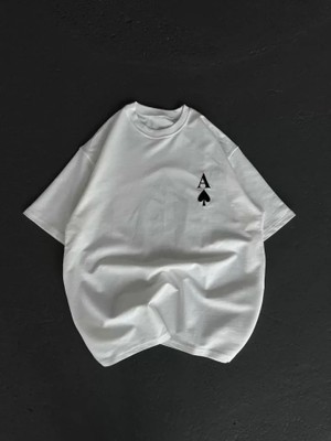 Lune Store Unisex Bisiklet Yaka Baskılı Oversize T-Shirt - Beyaz