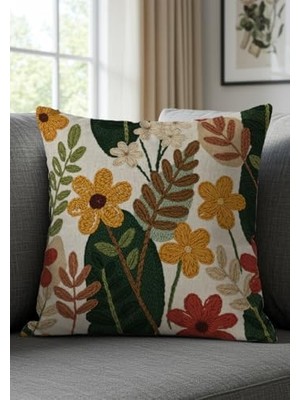 Mabelme Sonbahar Temalı Çiçek Desenli Kırlent Kılıfı, 43X43 Cm, 2'li Set, Italyan Kadife ve Kumaş, Sarı-Turuncu-Bordo