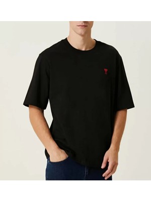Lune Store Unisex Bisiklet Yaka Baskılı Oversize T-Shirt - Siyah