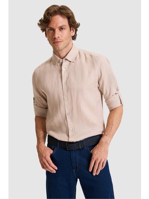 U.S. Polo Assn. Erkek Regular Fit Taş Uzun Kollu Keten Gömlek 50319065-VR049