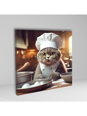 Al-Kar Ticaret Kare Kanvas Mutfak Tablosu Aşçı Hayvanlar British Shorthair, 70 x 70