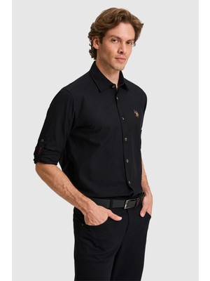 U.S. Polo Assn. Erkek Keten Karışımlı Siyah Uzun Kollu Basic Gömlek 50320262-VR046