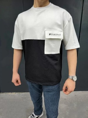 Lune Store Unisex Torba Cep Detaylı  Parçalı T-Shirt - Siyah
