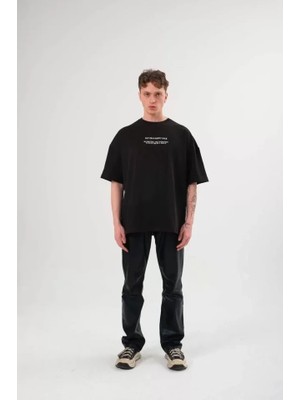 Lune Store Unisex Bisiklet Yaka Baskılı Oversize T-Shirt - Siyah