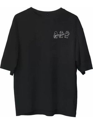 Lune Store Unisex Bisiklet Yaka Baskılı Oversize T-Shirt - Siyah