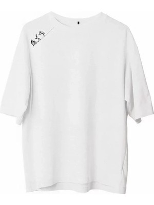 Lune Store Unisex Bisiklet Yaka Baskılı Oversize T-Shirt - Beyaz